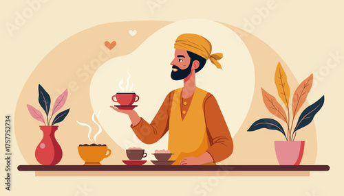 Arabic man serving Arabic coffee with a warm smile on a pastel background