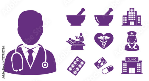 Healthcare symbols including a doctor hospital medicine and medical supplies
