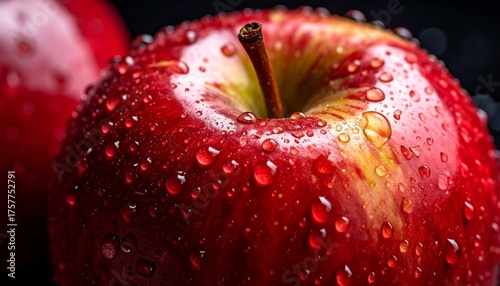 Macro photo of red apple, stem, fruit, close up, zoom