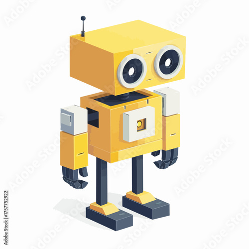 A pixelated, friendly robot rendered in a minimalist style, isolated against a white background