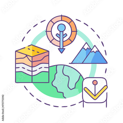 Conceptual illustration of geological layers, geological formations, planetary processes, and navigation