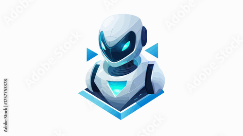 A digital illustration features a futuristic robot, in whites and blues, surrounded by blue triangles