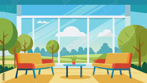 A bright and sunny seating area by a large window overlooking the hospital grounds