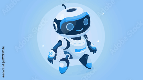 A cartoon robot design with a smiling face, in a blue and white color palette, against a light blue background