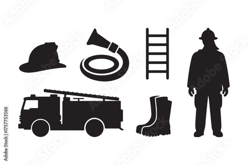 Firefighter equipment and vehicle silhouette icons