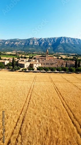 Golden wheat field with a village and mountain backdrop in sunlight