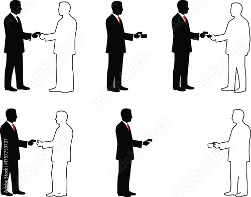 Business exchange silhouette, professional interaction gesture, wallet handover concept, dual figure contrast, cad drawing flat vector illustration