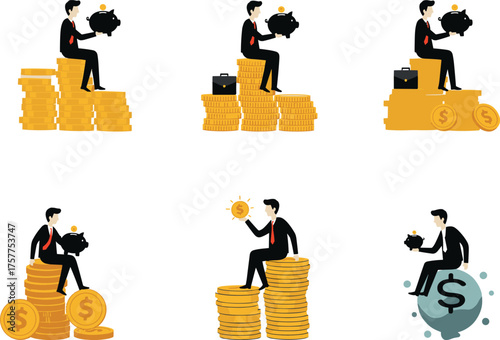 Business finance concept, piggy bank savings, global investment, money management, silhouette worker, cad drawing flat vector illustration