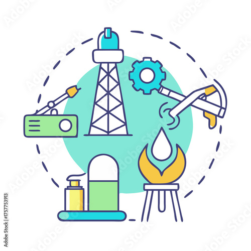 Conceptual illustration of petroleum industry process with drilling rig and resources