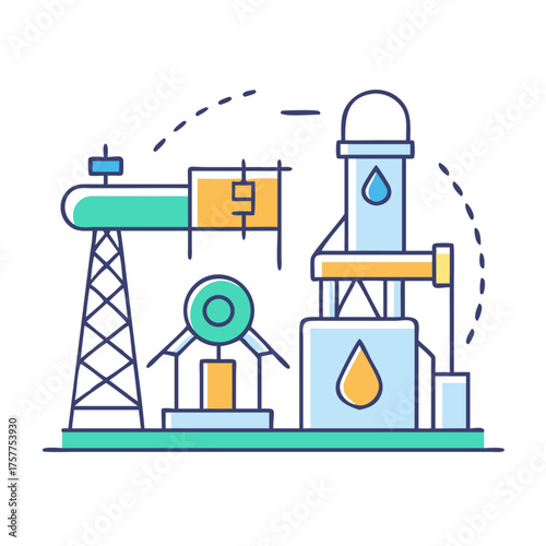 Cartoon Illustration of Oil Refinery Plant with Tower and Storage Tanks