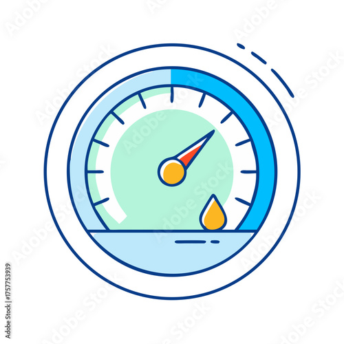 Water level indicator dial with drop illustrating a measure of fullness