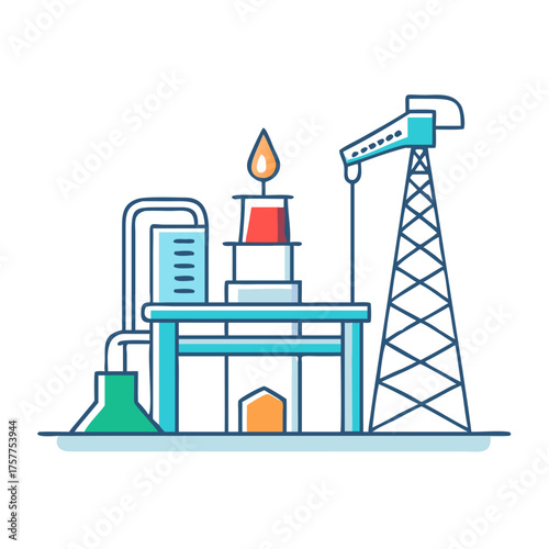 Stylized vector illustration of an oil refinery with a tower and processing units