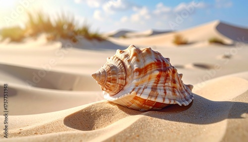 Macro photo of seashell on beach, sand, close up, zoom