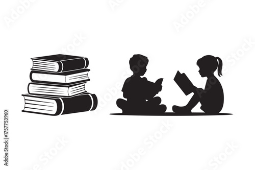 Children reading books silhouettes next to stack of books