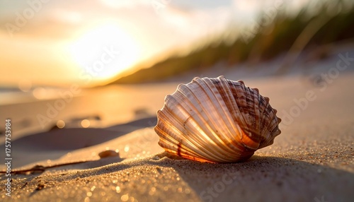 Macro photo of seashell on beach, sand, close up, zoom