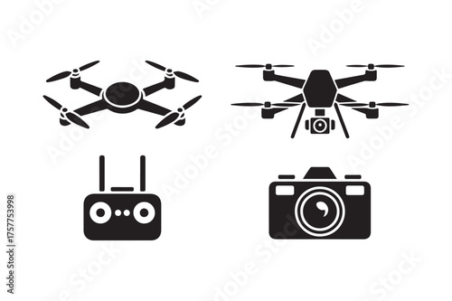 Drone remote control and camera icons set