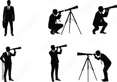 Business vision concept, telescope silhouette pose, strategic observation theme, professional foresight, cad drawing flat vector illustration