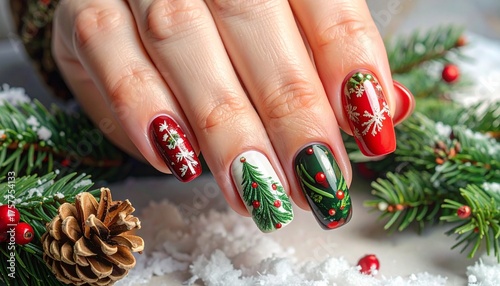 Macro photo of holiday manicured nails, close up, zoom