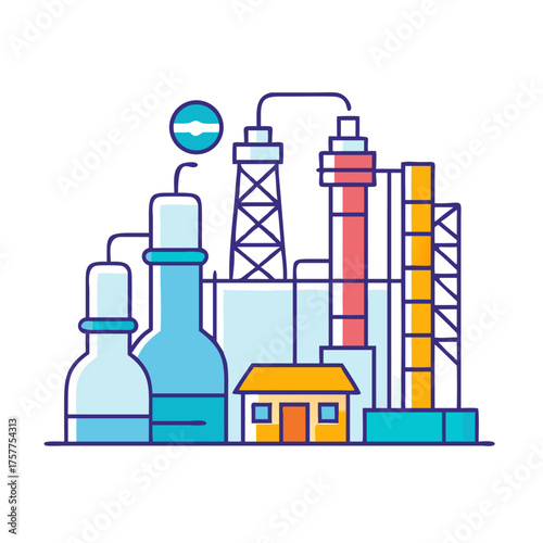 Stylized Colorful Oil Refinery or Chemical Plant Illustration with Bright Colors