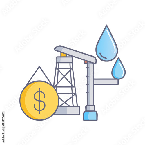 Oil and water commodity trading illustrated with a derrick and money coin