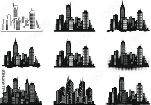 city skyline silhouettes, urban architecture vector, metropolitan building icon set, cad drawing flat vector illustration