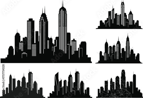 city skyline silhouettes, urban architecture vector, metropolitan building icon set, cad drawing flat vector illustration