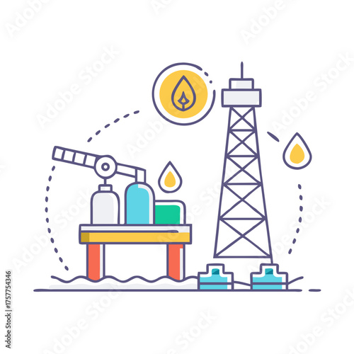 Stylized Oil Rig and Production Platform Illustration with Droplet Symbols