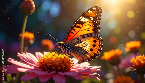 Macro photo of butterfly on flower collecting nectar, zoom, close up