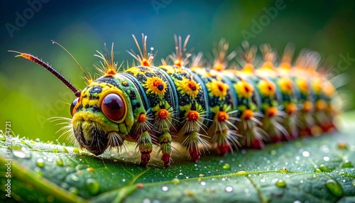 Macro photo of caterpillar on leaf, close up, zoom