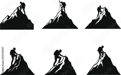 mountain climbing silhouettes, adventure ascent vector, outdoor challenge icon set, cad drawing flat vector illustration