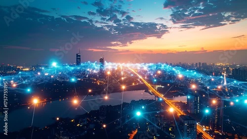 Panoramic View Of Metropolitan City At Twilight Illuminated With Blue And Orange Light Under Cloudy Sky