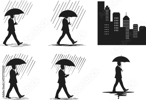Urban rain commute, business silhouette with umbrella, city life concept, walking pose scene, cad drawing flat vector illustration