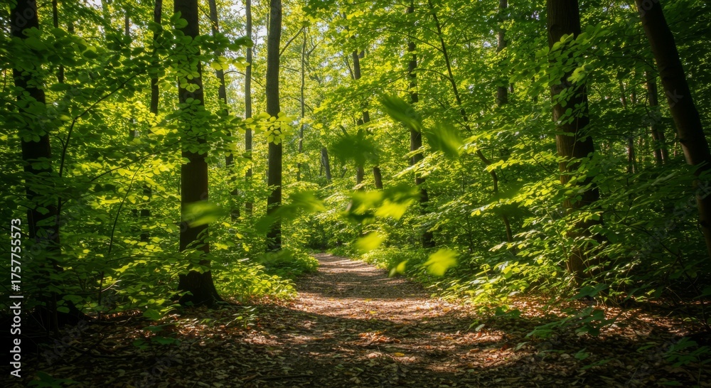 Fototapeta premium Sunlit Forest Path: Lush Green Trees and a Tranquil Woodland Trail