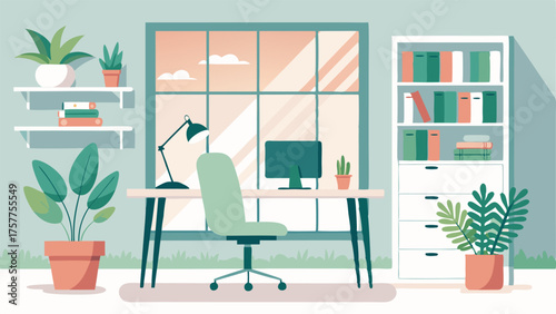 A chic home office with a minimalist white desk and chair paired with a plantfilled bookshelf and a large window providing natural light.