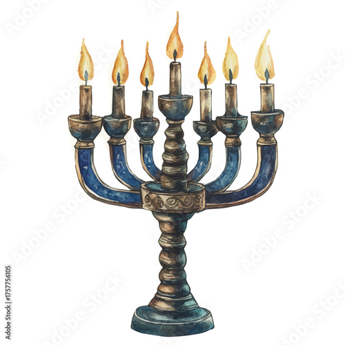 Menorah Pendant, watercolor vector, isolated on a white background.