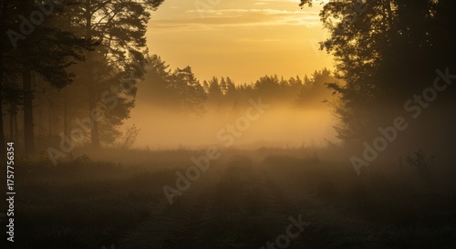 Golden Sunrise Mist in a Pine Forest