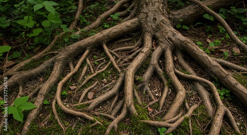 Detailed Closeup of Brown Tree Roots in Dark Soil with Green Moss