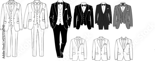 Formal suits and tuxedos displayed in a fashion layout