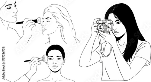 Woman taking a photo and applying makeup illustration