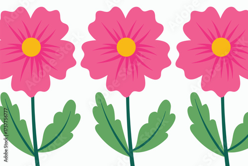 Floral Pattern with Pink Flowers Green Leaves on White Background Illustration