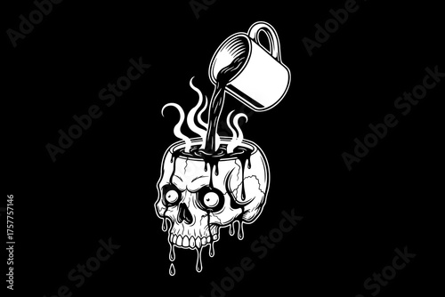 Monochrome graphic illustration of hot coffee being poured into a human skull.