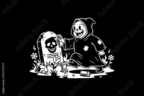 Cartoon Grim Reaper spray painting a skull on a tombstone.