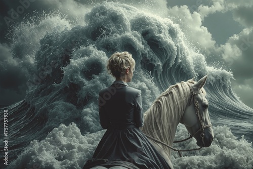 A lone female rider on a white horse faces a massive crashing wave under a dark sky. A surreal and dramatic scene that blends strength, nature, and mystery in a breathtaking visual moment.