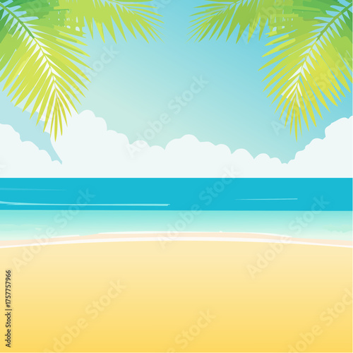 Summer beach background with ocean and palm fronds