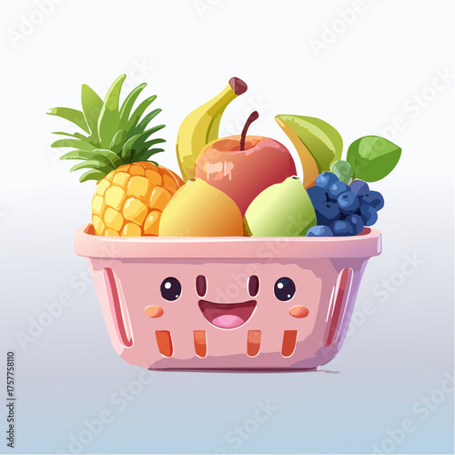 kawaii fruit basket with pineapple apple banana blueberry