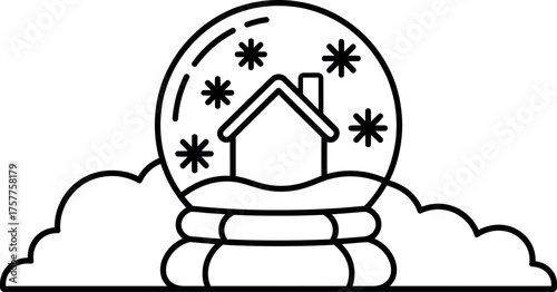 Snow globe with house and snowflakes line art vector illustration