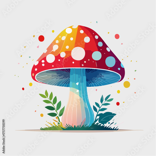Colorful mushroom with leaves and scattered dots