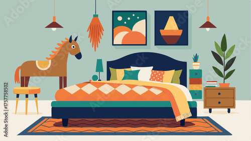 A cozy bedroom with a midcentury modern platform bed dressed in colorful eclectic bedding. A mix of unique decor pieces such as a ceramic horse figurine and a woven wall hanging