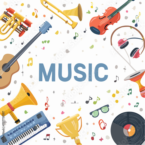 Colorful musical instruments and notes around music text