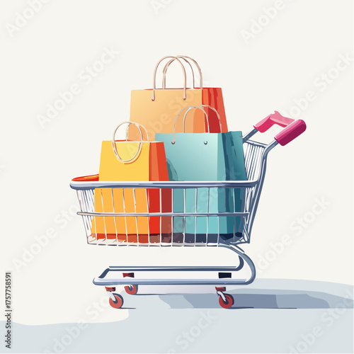 Shopping cart full of colorful paper bags